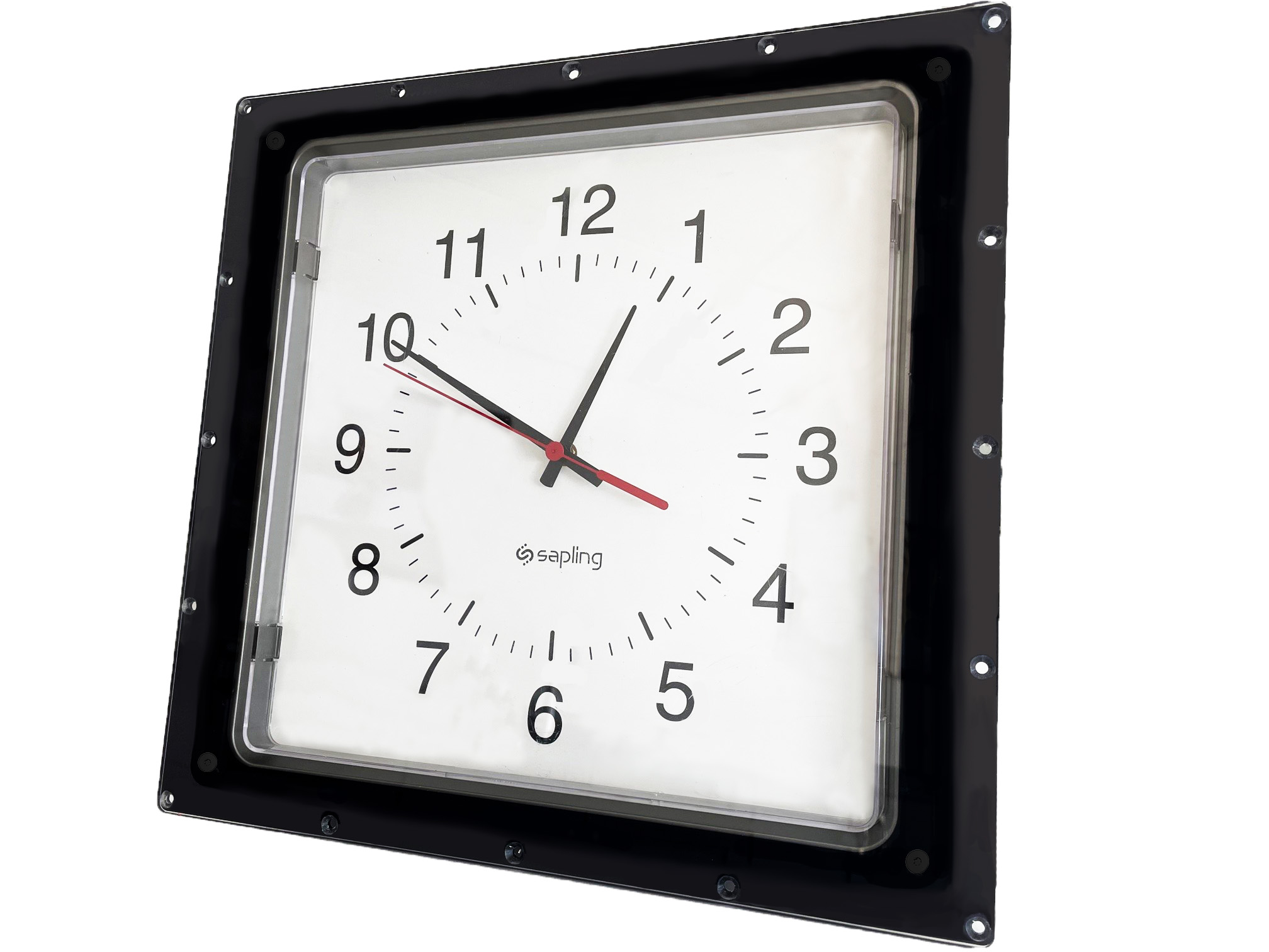 Sapling 12 Inch Analog Clock in a Flush Mounted Enclosure with a Polycarbonate Anti-Ligature Frame Design, Front View