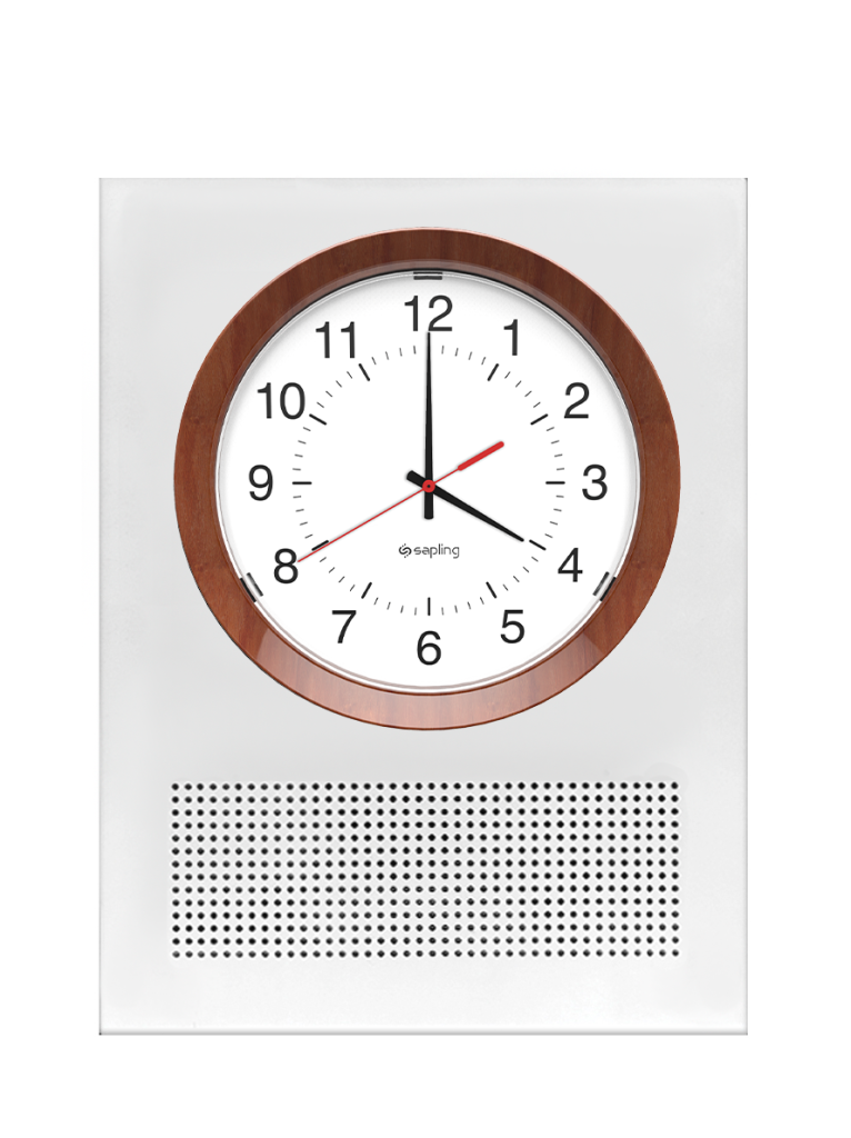Sapling 12 Inch Round Wooden Analog Clock With Rectangular Speaker Baffle - Vertical